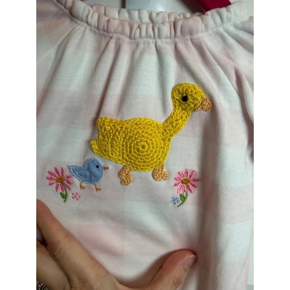 2. Mud Pie Pink Gingham Crochet Duck Baby Gown Sleeper 0-3 Months